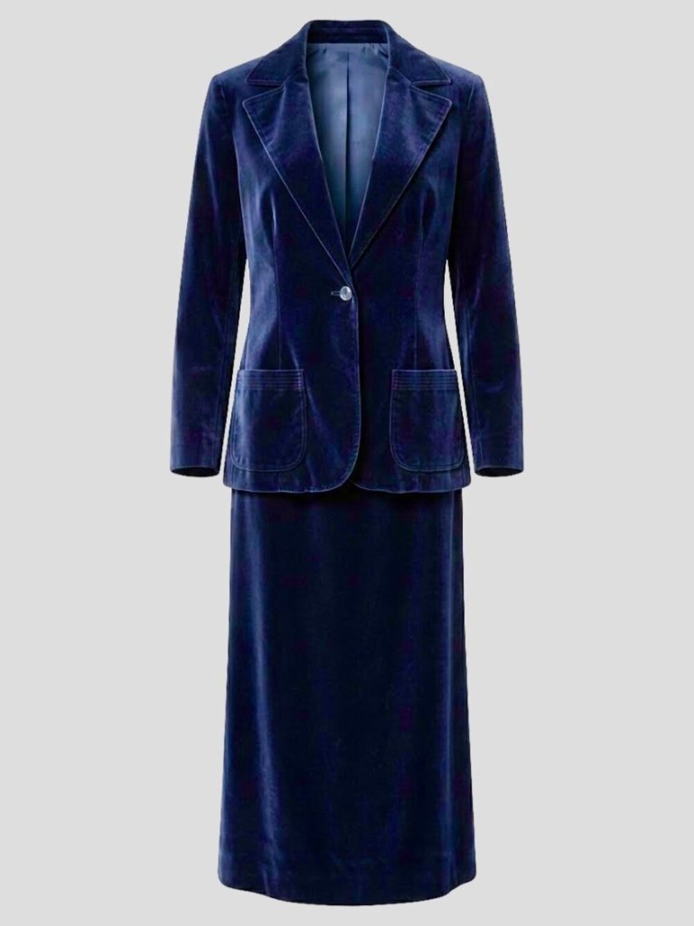 VTG Emily Just Emily Navy Blue Velvet Blazer and Maxi Skirt Set 70s 80s Academia